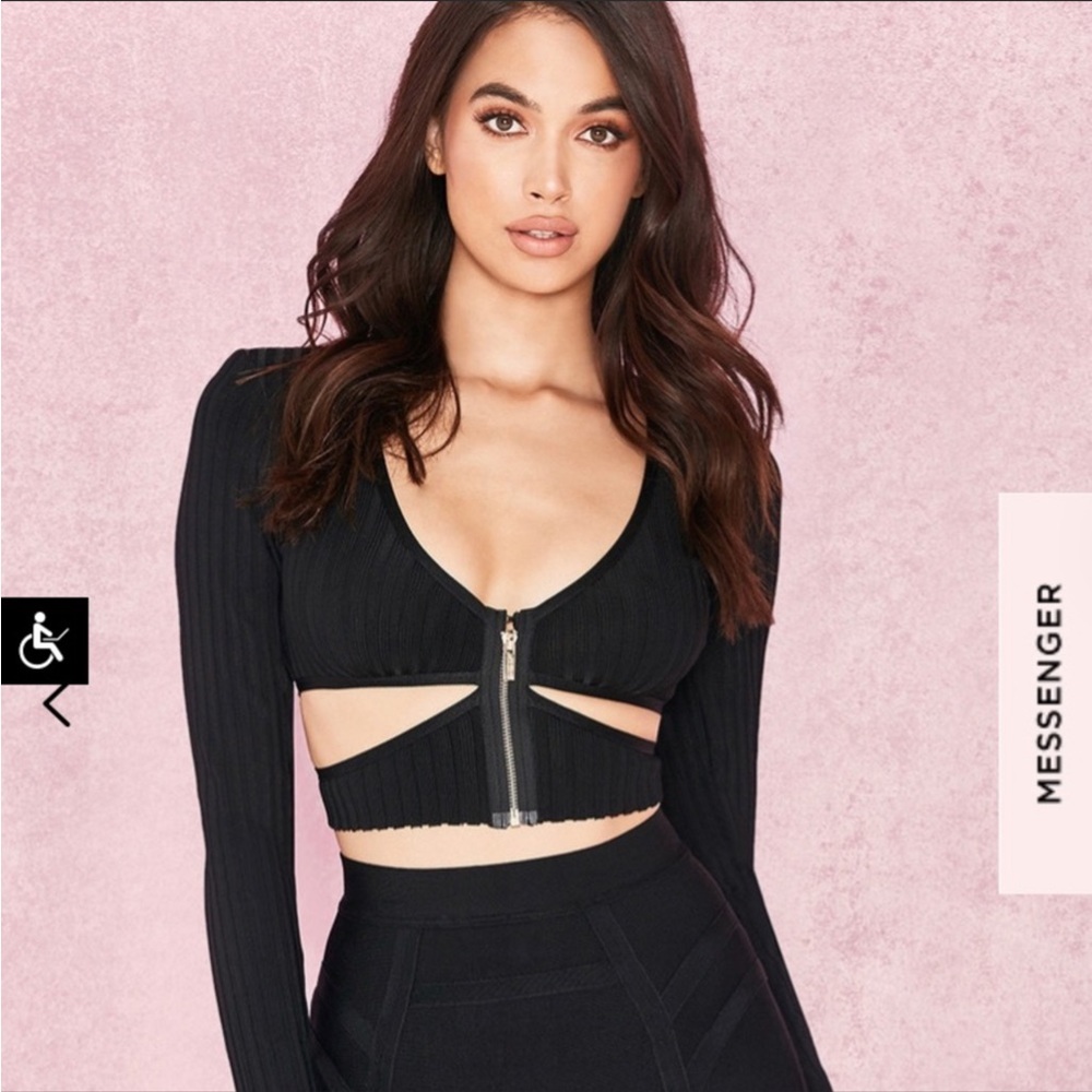 House of CB Black Ribbed Bandage Long Sleeve Cut Out Crop Top Zip Front